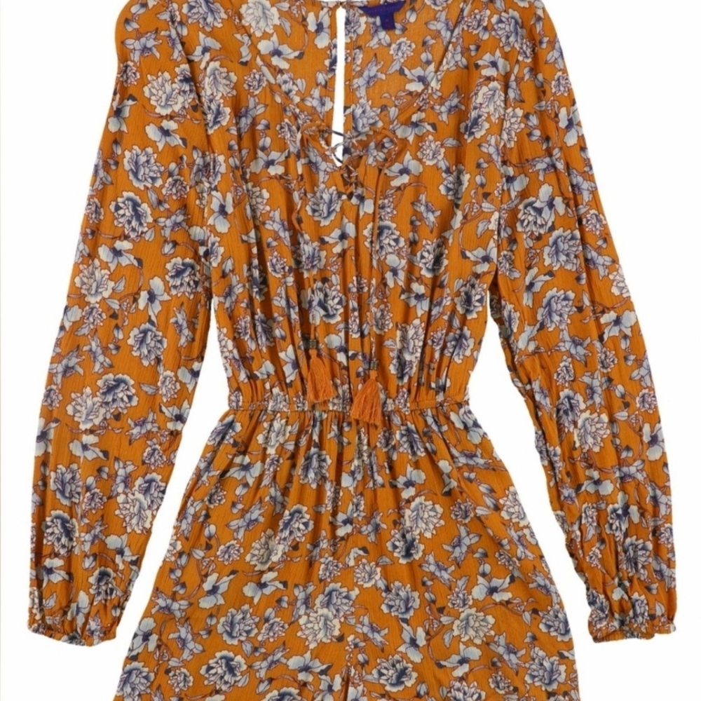 Aeropostale Yellow Romper - Floral, Lace-up Front, Long Sleeve in Size Small